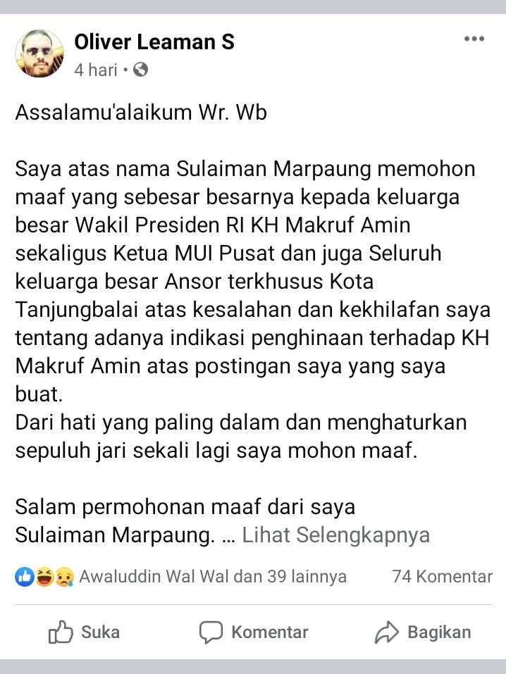 Diduga Hina Wapres Ma’aruf Amin di Sosmed, Warga Tanjung Balai Dilaporkan
