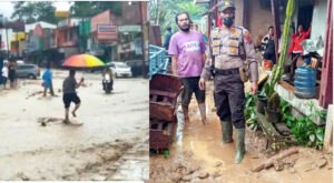Personil Polres Simalungun Bersihkan Sisa Luapan Banjir di Kota Parapat